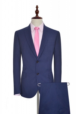Hign Quality Blue Vertical Stripes Peak lapel Wool Tailored Suit UK | High-end 3 Pocket Slim Fit Best BestmansBritish Men Suit_1