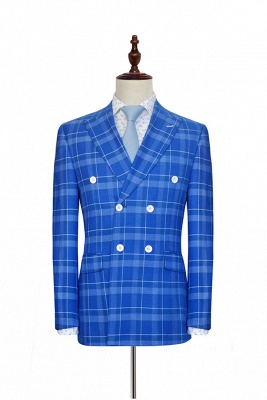 Blue Grid Double Breasted UK Custom Suit For Men | Modern Peak Lapel 2 Pockets UK Wedding Suit For Bestman_1