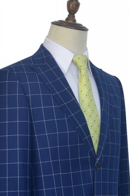 New Arrival Deep Blue Grid Wool Peak Lapel Custom Made Suit UK | Single Breasted Two Button Unique UK Wedding Suit For Bestman_6