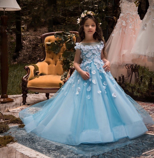 Wholesale Ice Blue UK Flower Girl Dress | Fabulous Tulle Square Neckline Tea-length Modest UK Flower Girl Dress_4