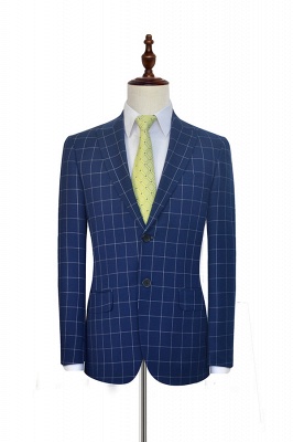 New Arrival Deep Blue Grid Wool Peak Lapel Custom Made Suit UK | Single Breasted Two Button Unique UK Wedding Suit For Bestman_3
