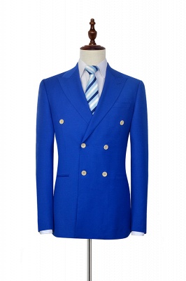 Royal Blue Double Breasted Wool Custom Suit | Fashion Peak Lapel Six Button Bestman Wedding Tuxedos_3
