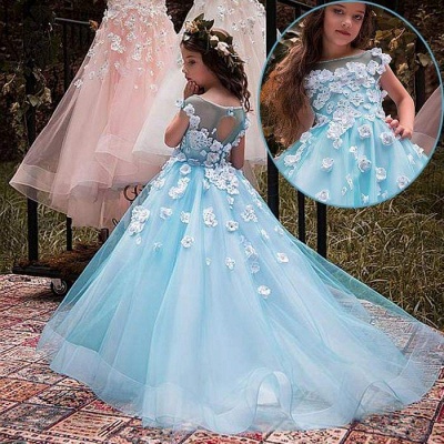 Wholesale Ice Blue UK Flower Girl Dress | Fabulous Tulle Square Neckline Tea-length Modest UK Flower Girl Dress_3