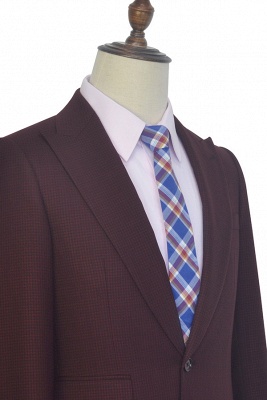 Dark Red Small grid Peak Lapel UK Custom Suit For Men | New Single Breasted One Button Groomsman Men Business Suit_5