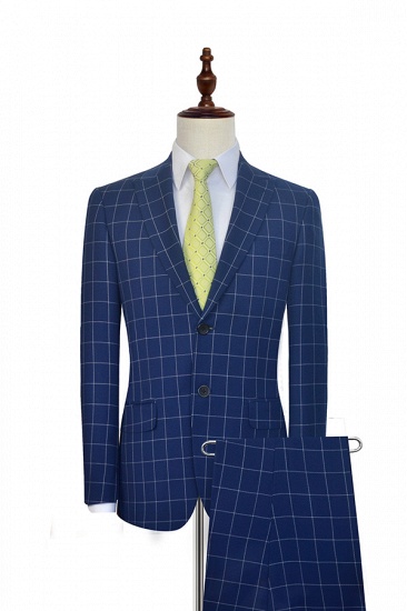 New Arrival Deep Blue Grid Wool Peak Lapel Custom Made Suit UK | Single Breasted Two Button Unique UK Wedding Suit For Bestman_1