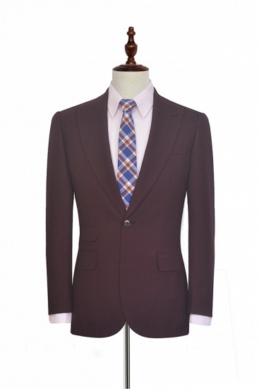 Dark Red Small grid Peak Lapel UK Custom Suit For Men | New Single Breasted One Button Groomsman Men Business Suit_1