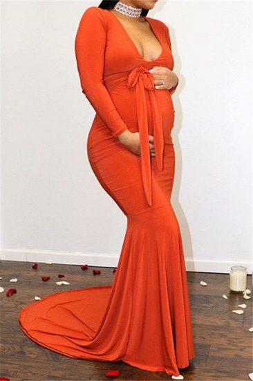 Glamorous Long-Sleeves V-Neck Pregnant Mermaid Bridesmaid Dresses UK_2