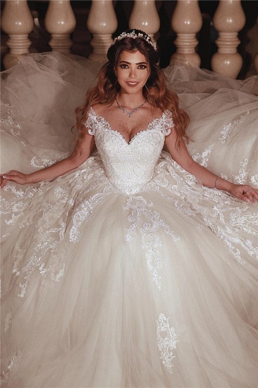 Tulle Lace Cap-Sleeves Sweetheart Puffy UK Wedding Dress_1