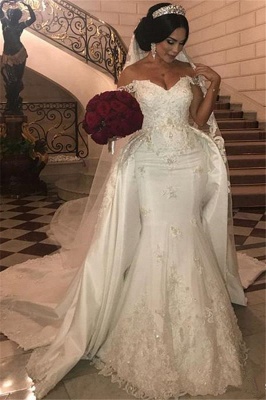 Off-the-Shoulder Sweetheart Tulle lace Appliques Long UK Wedding Dress with Detachable Train_1