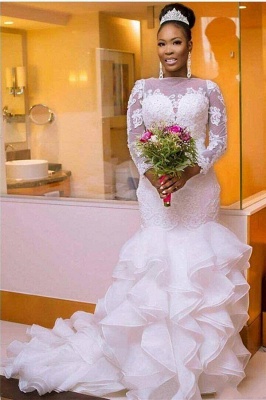 Elegant Jewel Long-Sleeves Tulle Lace Long UK Wedding Dress with Court Train