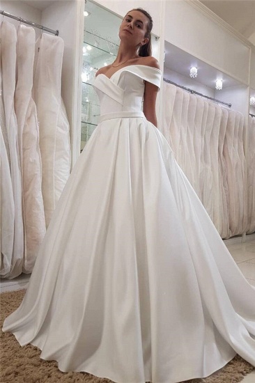 Simple Off-the-Shoulder Sweetheart Sleeveless Ruffles Long Satin UK Wedding Dress_1