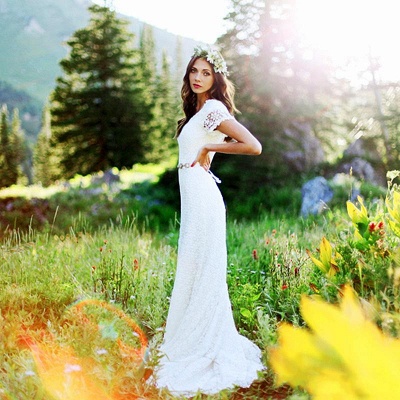 Elegant Lace Appliques Short-Sleeves Sheath UK Wedding Dress_2