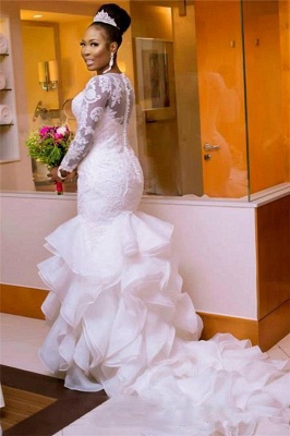 Elegant Jewel Long-Sleeves Tulle Lace Long UK Wedding Dress with Court Train_2