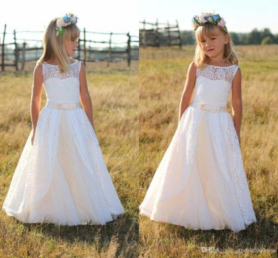 Cute Lace White UK Flower Girl Dresses with Sash_4