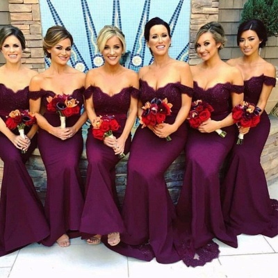 Off-The-Shoulder Sexy Trumpt Bridesmaid Dresses UK | Elegant Lace Appliques Maid Of The Honor Dresses_3