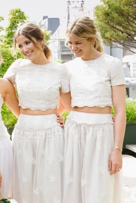 Modern White Two Piece Summer Bridesmaid Dress Lace Short Sleeve Jewel_5
