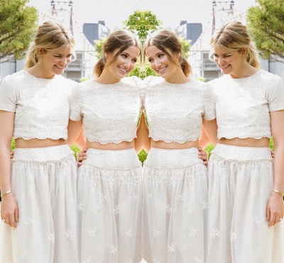 Modern White Two Piece Summer Bridesmaid Dress Lace Short Sleeve Jewel_3