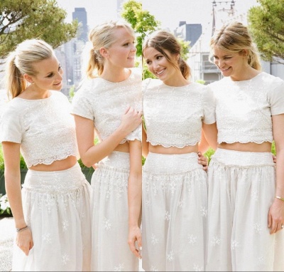 Modern White Two Piece Summer Bridesmaid Dress Lace Short Sleeve Jewel_6