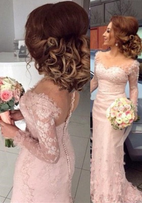 Pink Lace Appliques Long-Sleeve Sheer Column Buttons Bridesmaid Dress On Sale_1