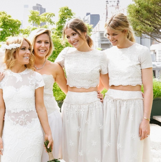 Modern White Two Piece Summer Bridesmaid Dress Lace Short Sleeve Jewel_8