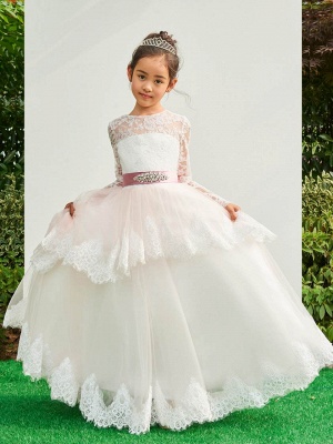 Cute Tulle Lace Long Sleeves UK Flower Girl Dress with Bowknot_1
