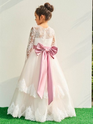 Cute Tulle Lace Long Sleeves UK Flower Girl Dress with Bowknot_3