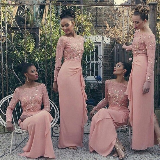 Bateau Long Sleeve Bridesmaid Dresses UK Cheap Pink Chiffon Long Spring Dress for Maid of Honor_3