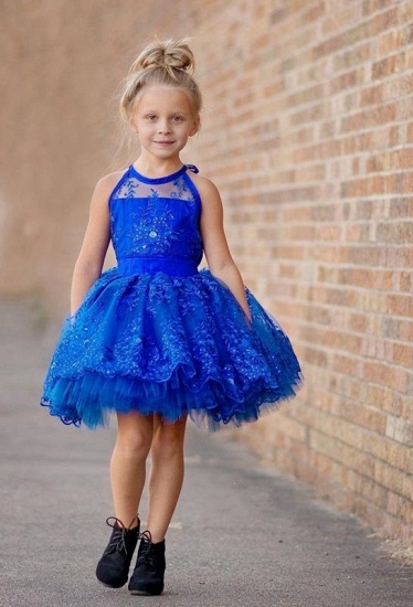 New Arrival Royal Blue Lace Appliques UK Flower Girl Dress | Halter Puffy Mini Girls Pageant Dress_1