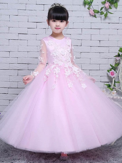 Cute Tulle Lace Jewel Long Sleeves UK Flower Girl Dress_1