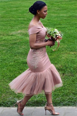 Off The Shoulder Pink Bridesmaid Dresses UK Cheap Online | Appliques Sexy Trumpt Spring Short Bridesmaid Dress BA9508_1