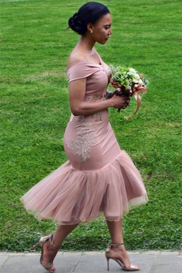 Off The Shoulder Pink Bridesmaid Dresses UK Cheap Online | Appliques Sexy Trumpt Spring Short Bridesmaid Dress BA9508_1