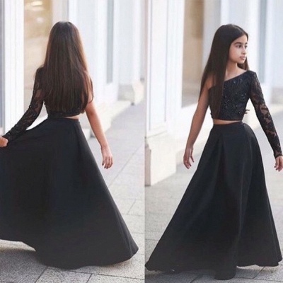 Sexy Black Two Piece Lace UK Flower Girl Dress|Black One Sleeve Cute Girls Pageant Dress_4