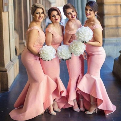Off The Shoulder V-neck Lace Bridesmaid Dresses UK Cheap Puffy Bottom Asymmetrical Formal Dress_3