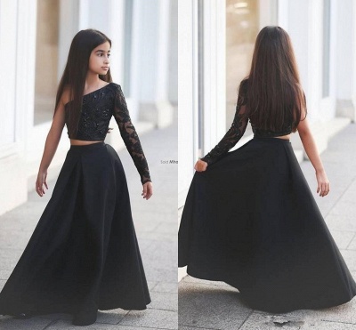 Sexy Black Two Piece Lace UK Flower Girl Dress|Black One Sleeve Cute Girls Pageant Dress_3