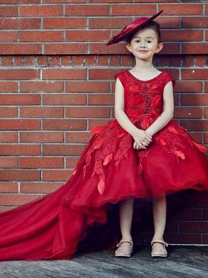 Tulle Scoop Neck Beading Appliques Knee-Length UK Flower Girl Dress with Chapel Train_3