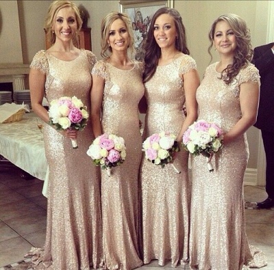 Sequined Crystal Short Sleeve Bridesmaid Dress Spring Sweep Train Wedding Party Dresses_3