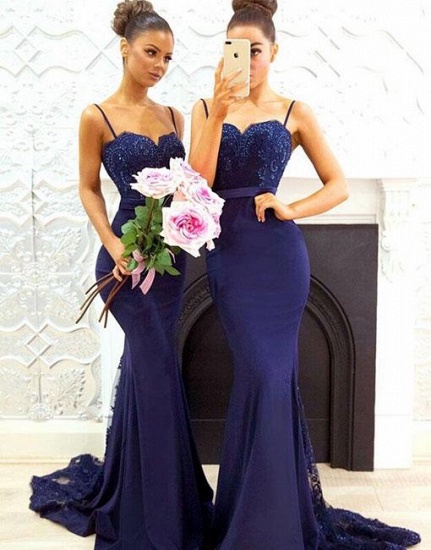 Elegant Dark Navy Bridesmaid Dresses UK | Spaghettis Straps Lace Maid of Honor Dresses_1