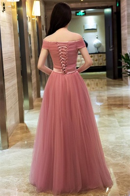 Pink Off The Shoulder Tulle Bridesmaid Dresses UK | Tulle Lace Up Long Evening Dresses BC0709_3