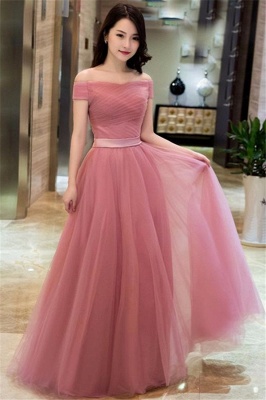 Pink Off The Shoulder Tulle Bridesmaid Dresses UK | Tulle Lace Up Long Evening Dresses BC0709_1