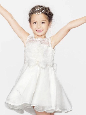 Modest Organza Satin Lace Scoop Short UK Flower Girl Dress with Bowknot_3