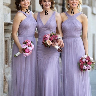 Elegant Lavender Tulle Halter-Neck Ruched Long Bridesmaid Dresses UK_2
