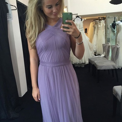 Elegant Lavender Tulle Halter-Neck Ruched Long Bridesmaid Dresses UK_3