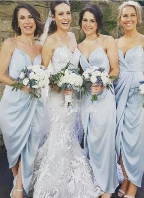 Spaghettis-Straps Sky-Blue Ruffles Slit Column Bridesmaid Dresses UK_1