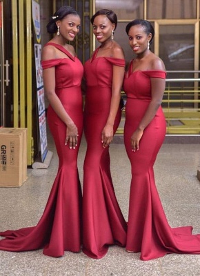 Cute Off-the-Shoulder Red Bridesmaid Dress | Sexy Trumpt Long Maid of Honor Dress_1