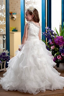 Organza Layered One-Shoulder Long UK Flower Girl Dress with Beadings_3