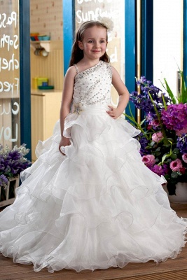 Organza Layered One-Shoulder Long UK Flower Girl Dress with Beadings_1