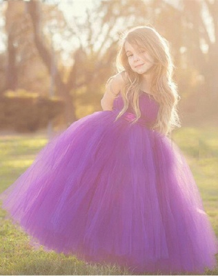 Cute Strapless Purple Long UK Flower Girl Dresses Popular Floor Length Tulle Girl Dress_2