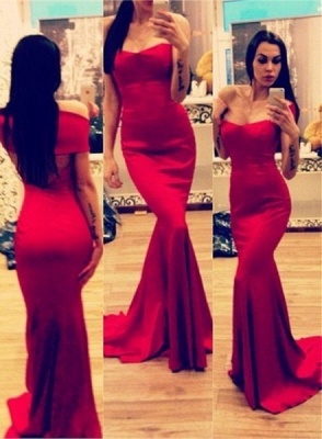 New Arrival Maid of Honor Dresses Off The Shoulder Open Back Red Sexy Trumpt Bridesmaid Dress_1