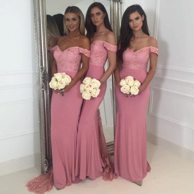 Off-the-Shoulder Pink Bridesmaid Dress | Sexy Trumpt Long Lace Bridesmaid Dresses UK_5