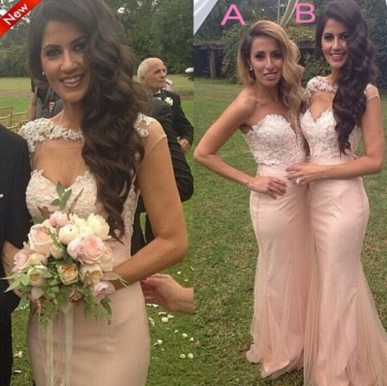 Pink Lace Applique Sexy Trumpt Bridesmaid Dresses UK Long Maid of Honor Dresses_2